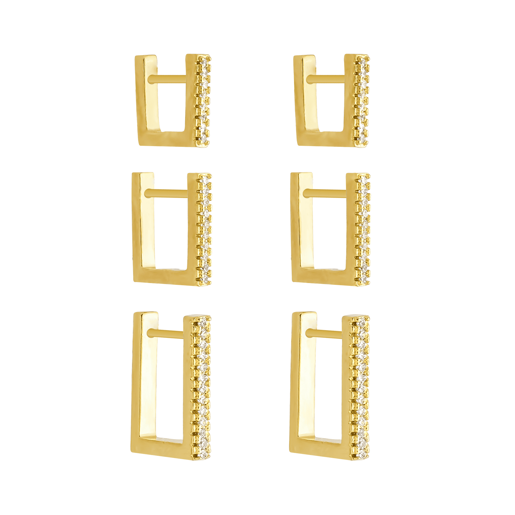 Trio Dourado de Argolinhas Quadradas Cravejadas de Zircônias